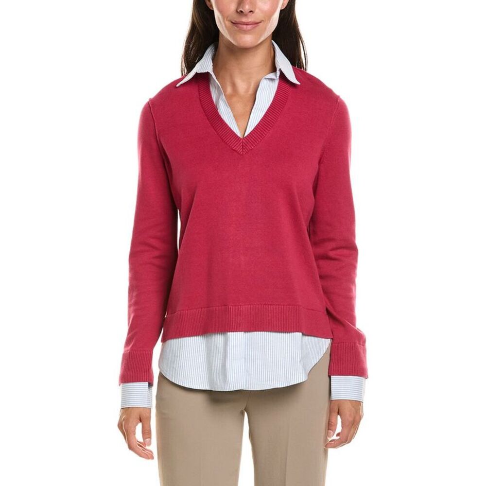 Brooks Brothers Womens  Woven Shirt Combo Sweater, Blue